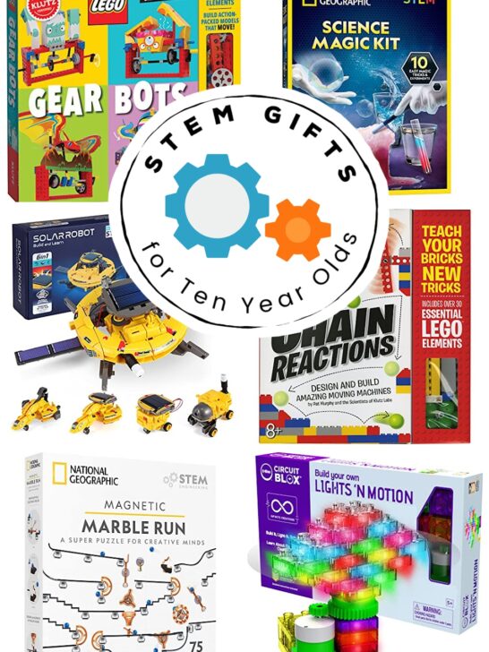 Collage of STEM kits for gift ideas for older elementary age kids.