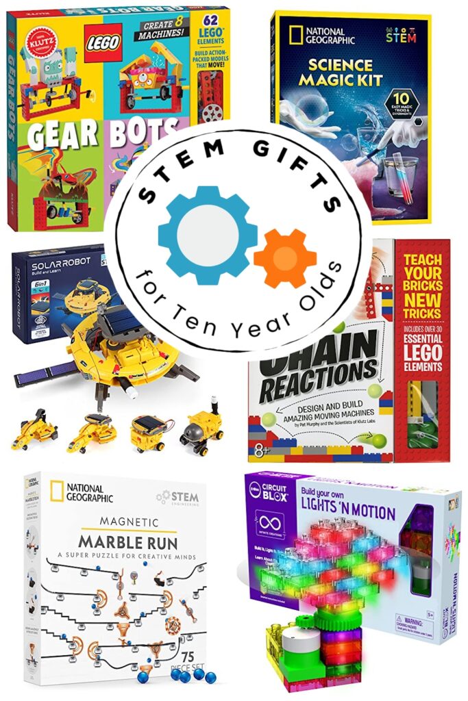 Collage of STEM kits for gift ideas for older elementary age kids.