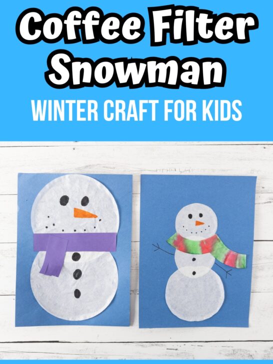 White and black text on light blue at top says Coffee Filter Snowman winter craft for kids. Below that is a picture of two completed snowman crafts made with coffee filters. They look different from each other.