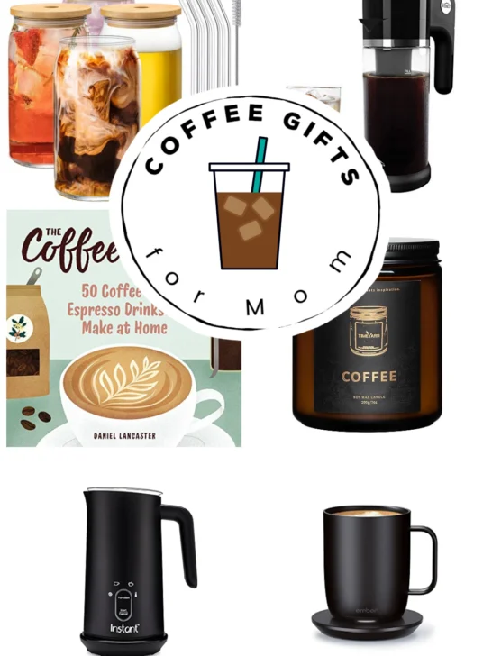 Image collage of various coffee themed gift ideas.