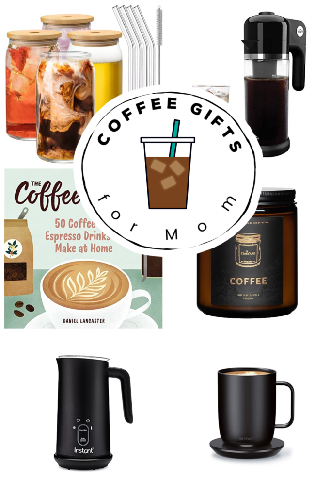 Image collage of various coffee themed gift ideas.