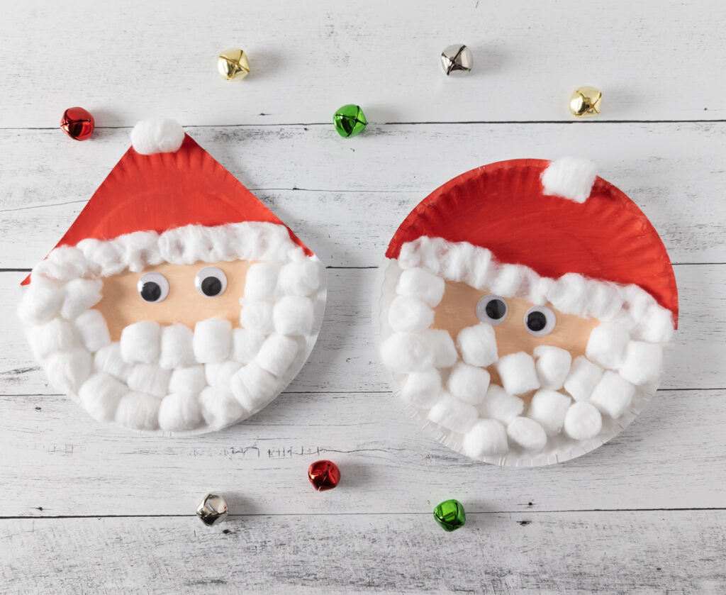 Two Santa crafts side by side. One with a pointy hat and one with a rounded hat. Both use cotton balls for the hat and beard.