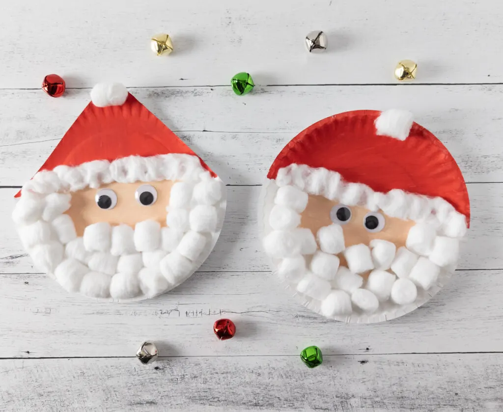 Two Santa crafts side by side. One with a pointy hat and one with a rounded hat. Both use cotton balls for the hat and beard.