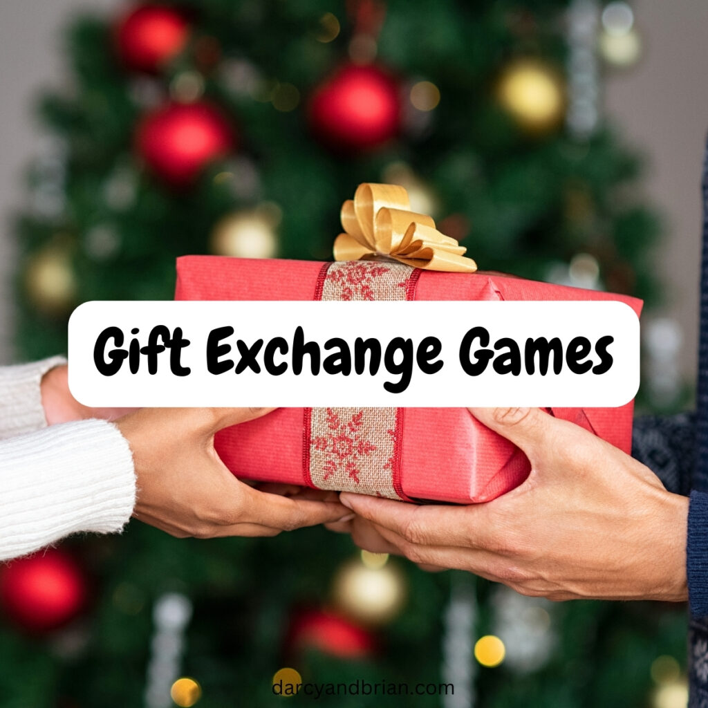 Black text with a white highlight across the middle says Gift Exchange Games. Background photo of two pairs of hands holding a red wrapped present in front of a Christmas tree.
