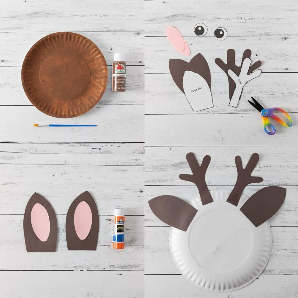 Collage of four photos showing the steps to create the reindeer paper plate craft.