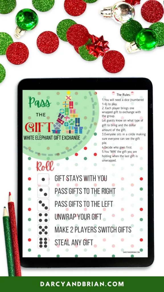 Mockup of the Christmas gift game being viewed on a tablet. Red and green confetti and small ornaments decorate the top of the image.