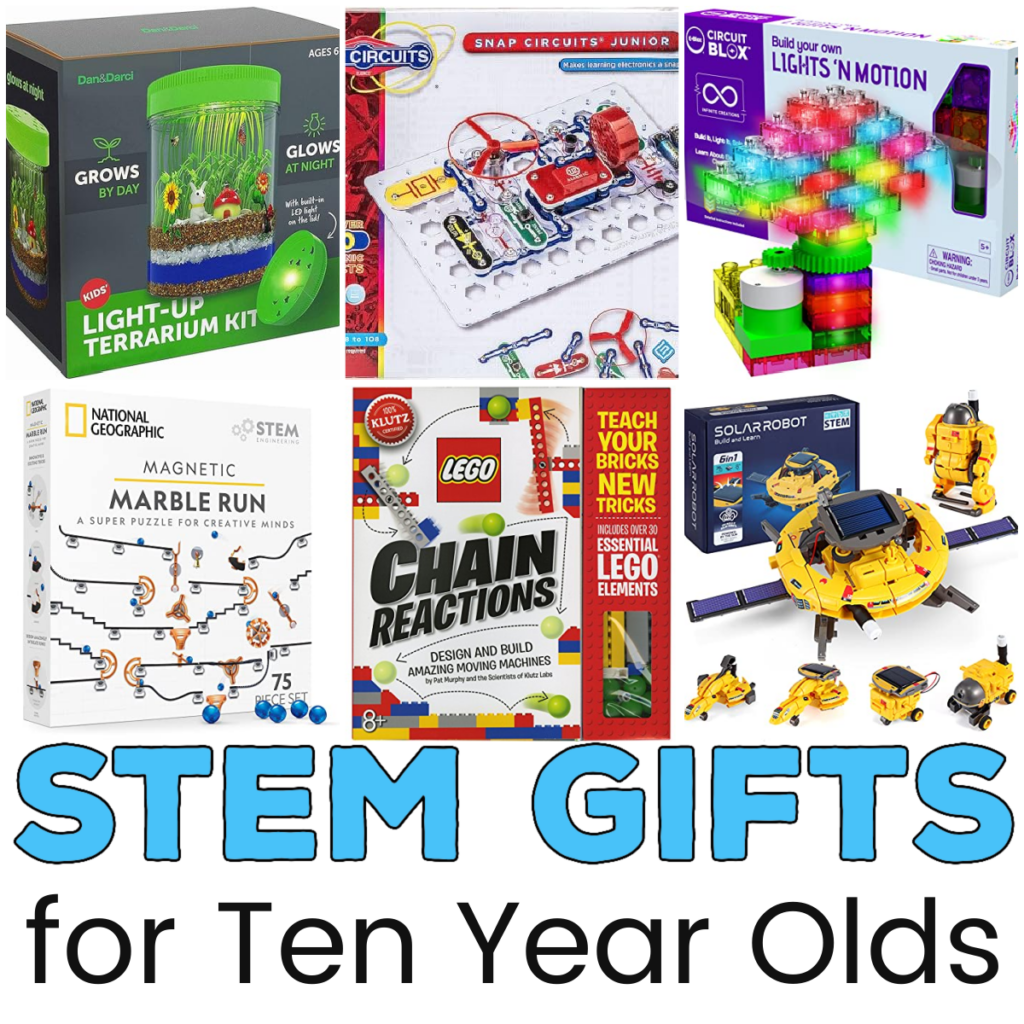Square collage of STEM gift guide ideas for 10 year olds.