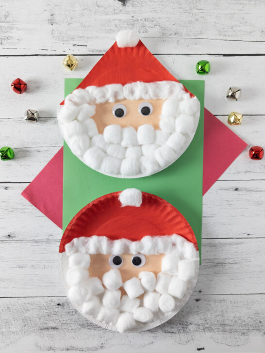 Two different Santa crafts made with cotton balls for beards. One has a pointy hat and one is a whole plate.