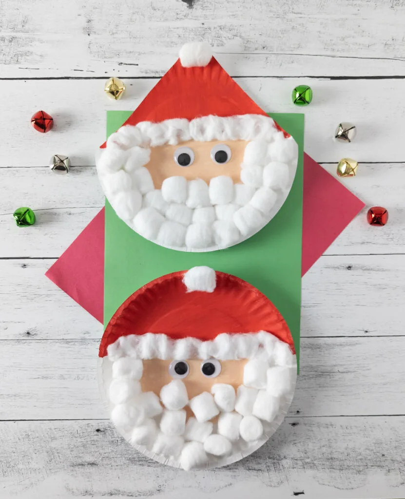 Two different Santa crafts made with cotton balls for beards. One has a pointy hat and one is a whole plate.