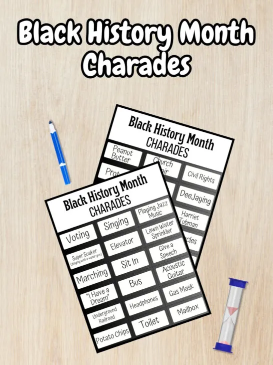 Black and white text at the top says Black History Month Charades. Below that is a digital preview of two pages of charades cards on a desk background.