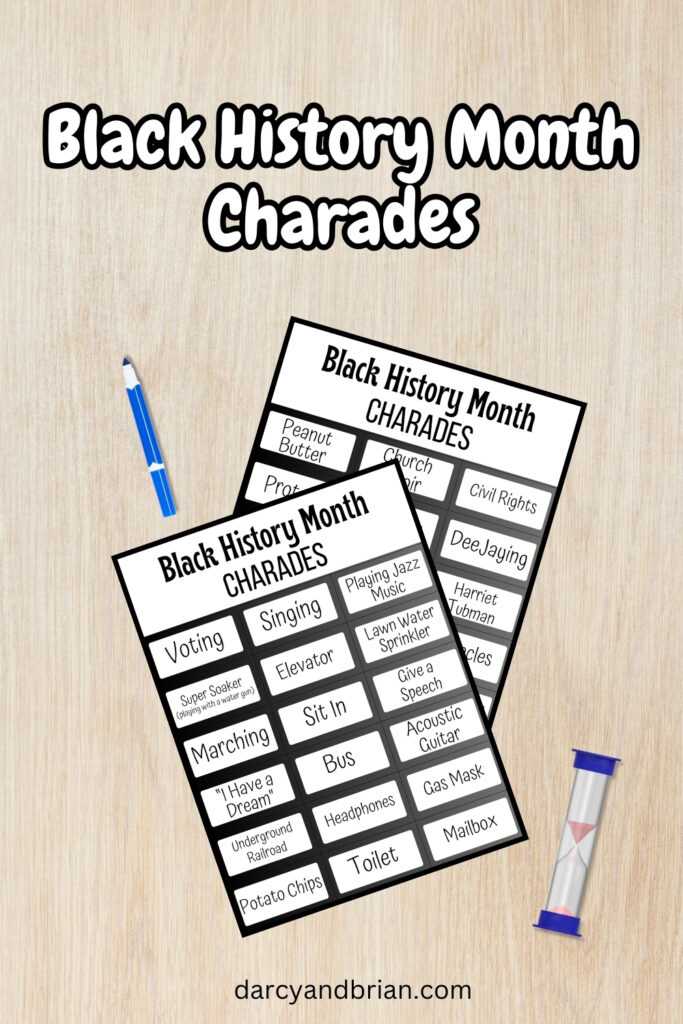 Black and white text at the top says Black History Month Charades. Below that is a digital preview of two pages of charades cards on a desk background.