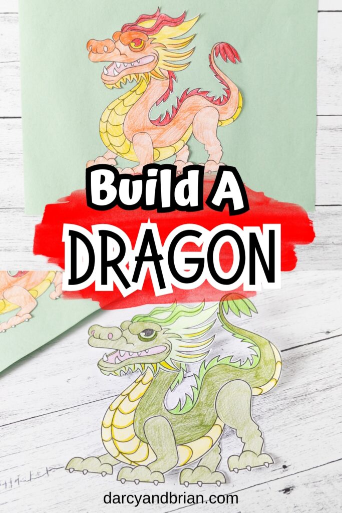 Two different finished paper dragon crafts made with a build a dragon printable. Top one is red and orange. Bottom dragon is green and yellow.