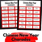 Preview of printable Chinese New Year charades game cards on a white desk.