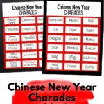 Preview of printable Chinese New Year charades game cards on a white desk.