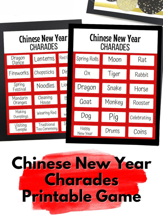 Preview of printable Chinese New Year charades game cards on a white desk.