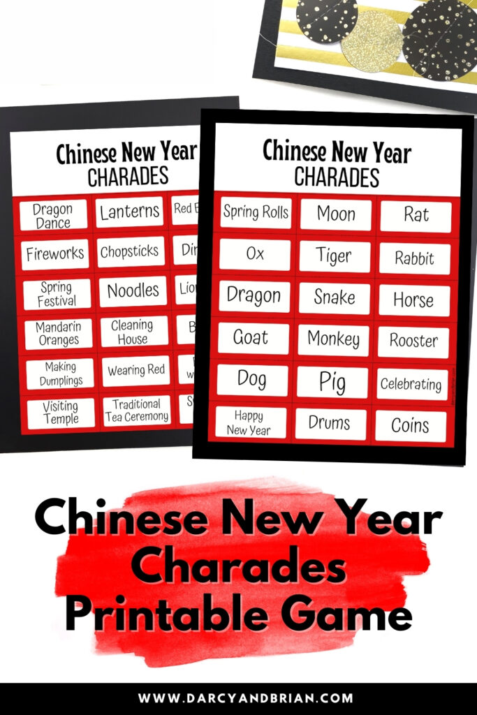 Preview of printable Chinese New Year charades game cards on a white desk.