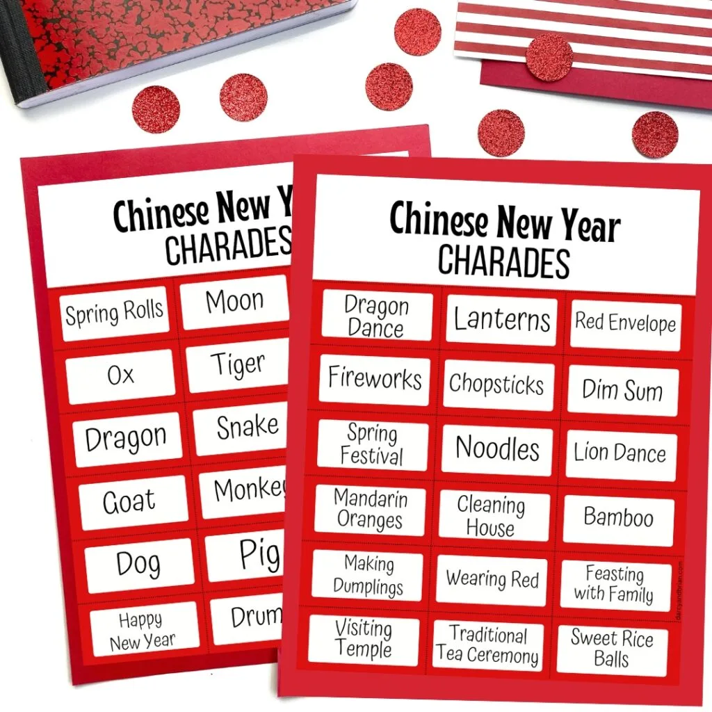 Mockup of Chinese New Year Charades printable pages on top of red paper with red confetti along the top.