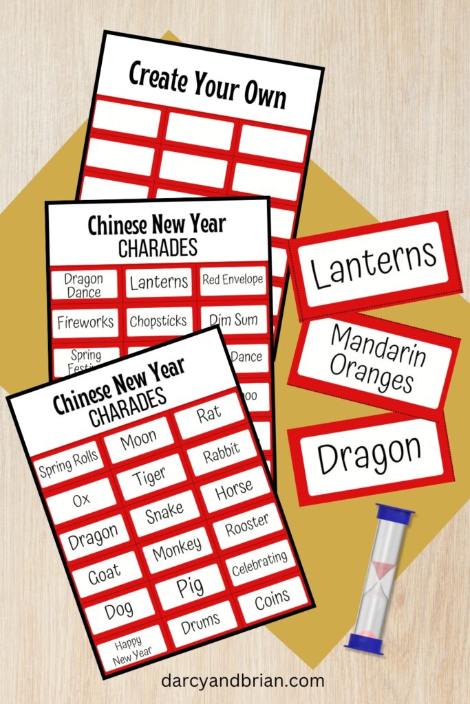 Mockup of charades game pages overlapping each other on one side and a few of the Chinese New Year cards on the other side.