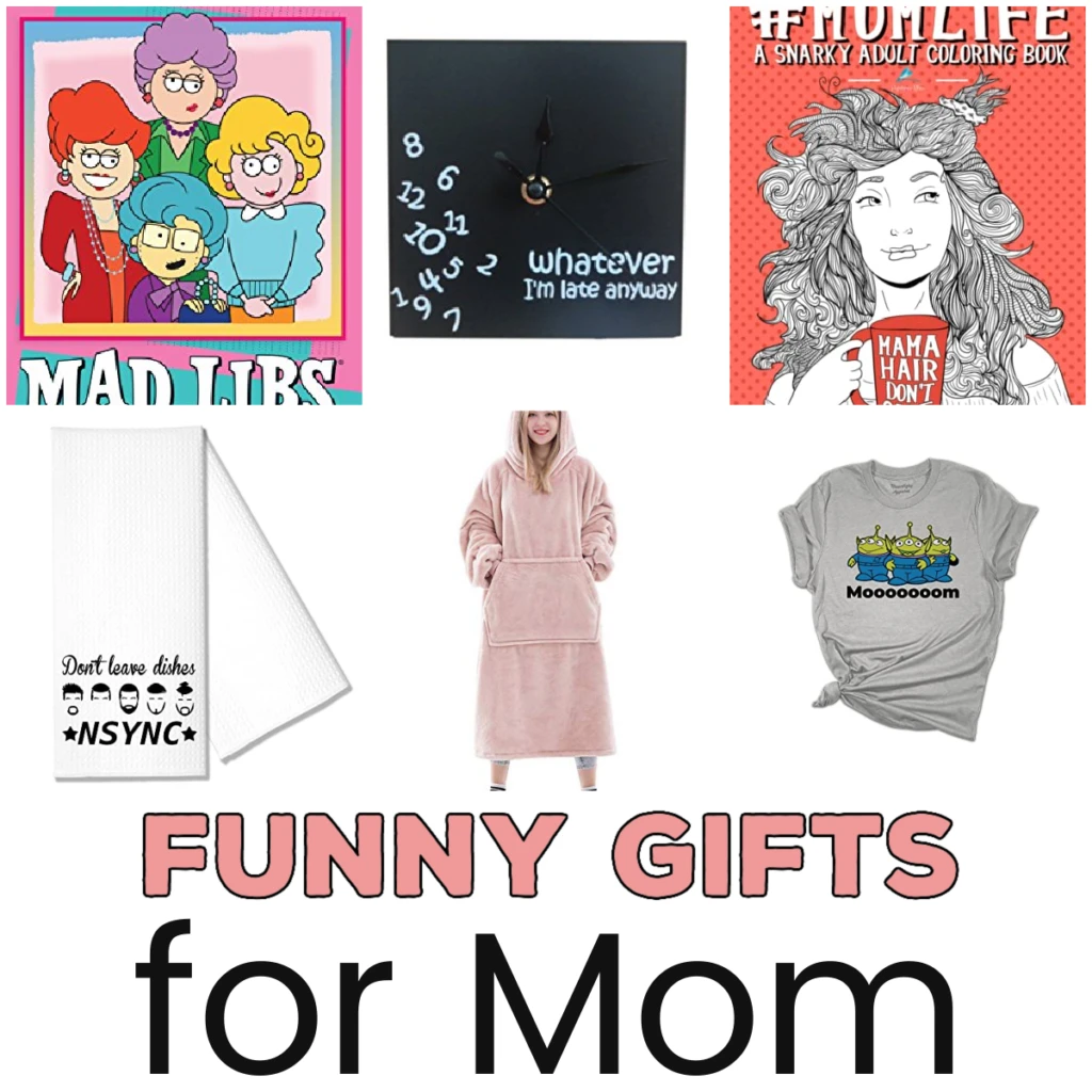 Collage of six different funny gift ideas for moms.