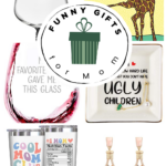 Collage of funny gift ideas perfect for moms
