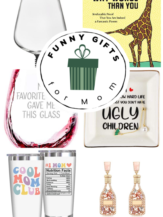 Collage of funny gift ideas perfect for moms