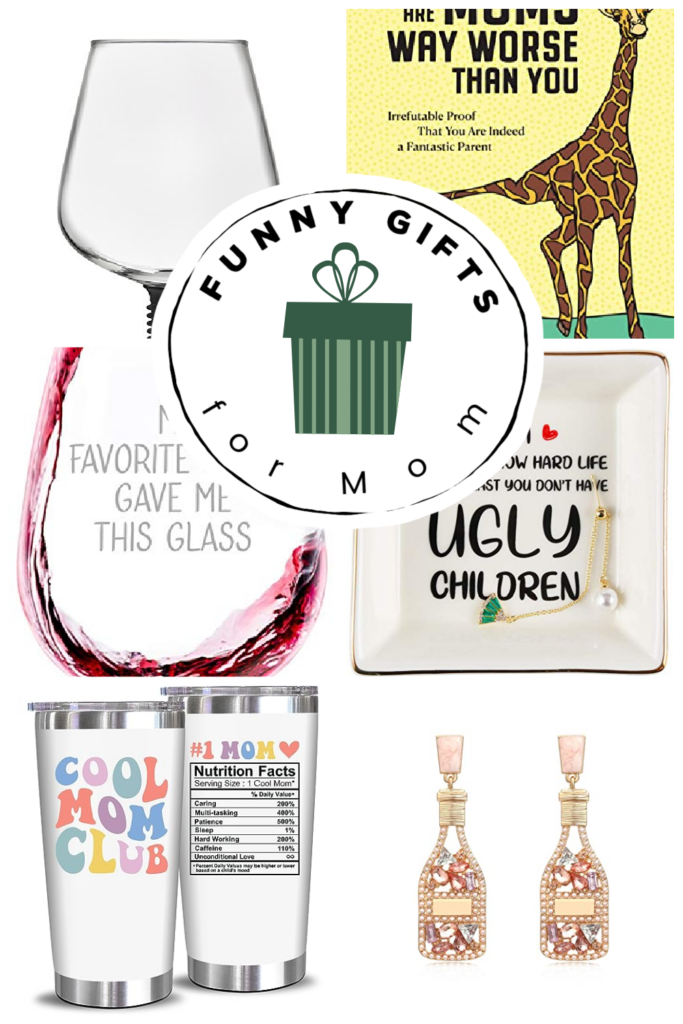 Collage of funny gift ideas perfect for moms