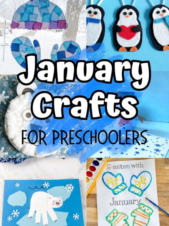 Collage image of six different craft projects perfect for preschoolers to make in January.