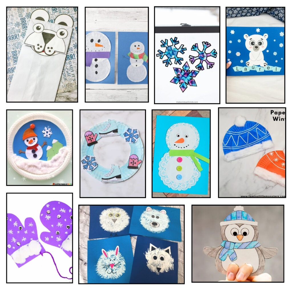 Collage of 11 different winter crafts for preschoolers to make.