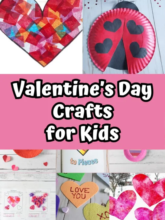 Collage of multiple crafts perfect for Valentine's Day that kids can make.