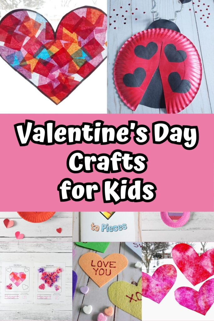 Collage of multiple crafts perfect for Valentine's Day that kids can make.