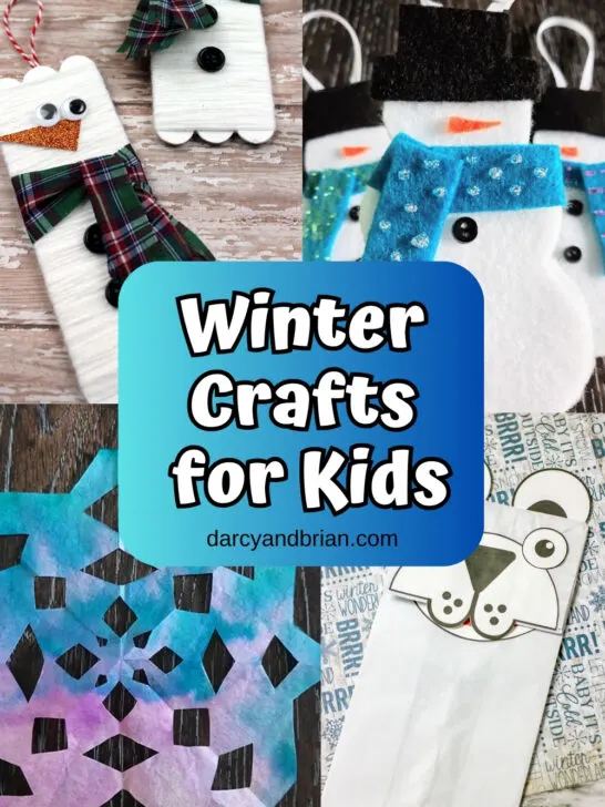 Collage of four different winter themed craft projects for kids.