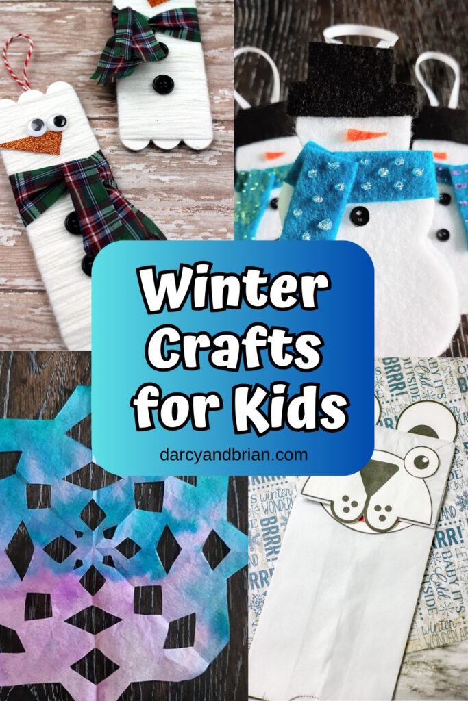 Collage of four different winter themed craft projects for kids.