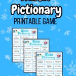 Preview of three pages of Winter pictionary words on a light blue background with snowflakes.