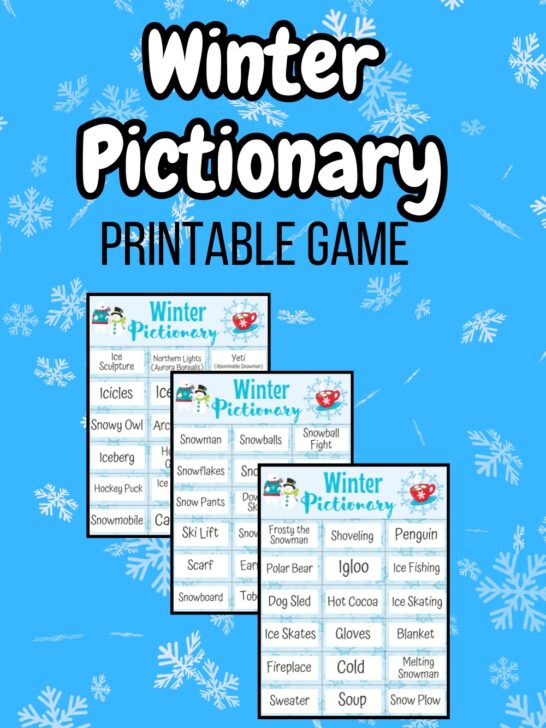 Preview of three pages of Winter pictionary words on a light blue background with snowflakes.