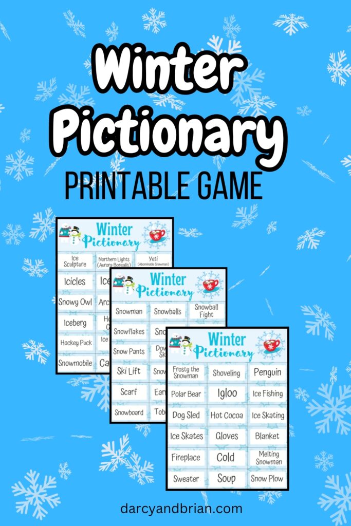 Preview of three pages of Winter pictionary words on a light blue background with snowflakes.