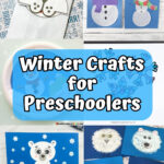 Collage of six different winter themed preschool crafts.