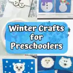 Collage of six different winter themed preschool crafts.