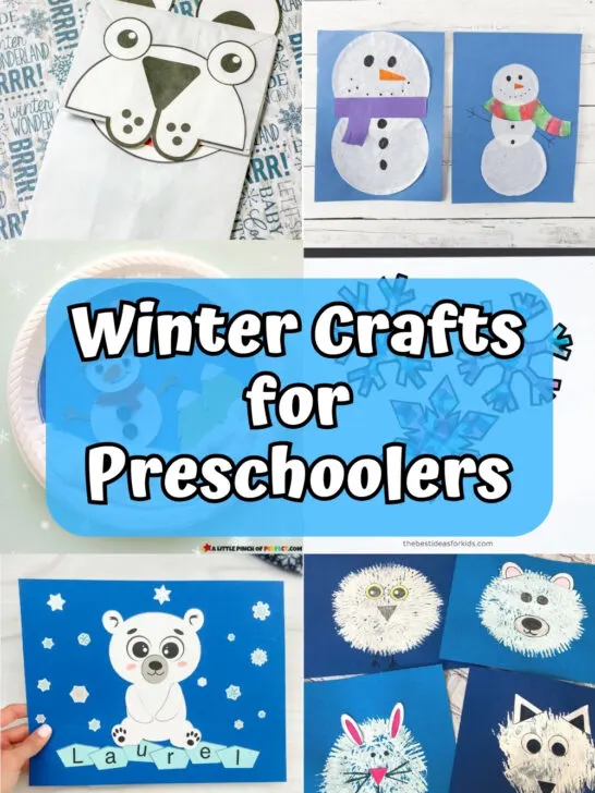 Collage of six different winter themed preschool crafts.