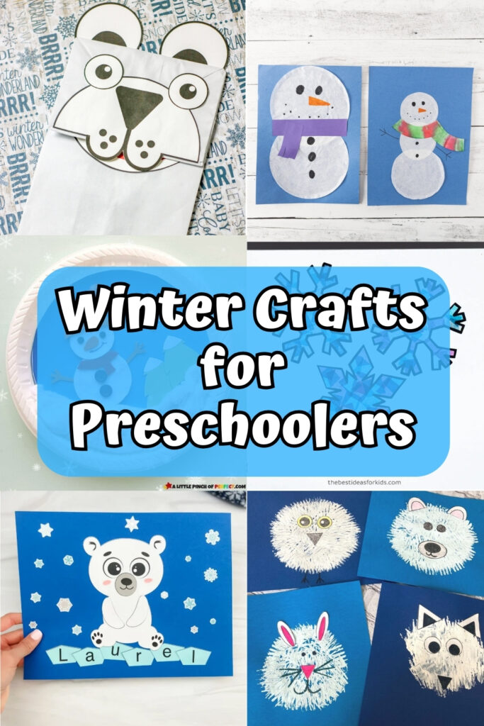 Collage of six different winter themed preschool crafts.