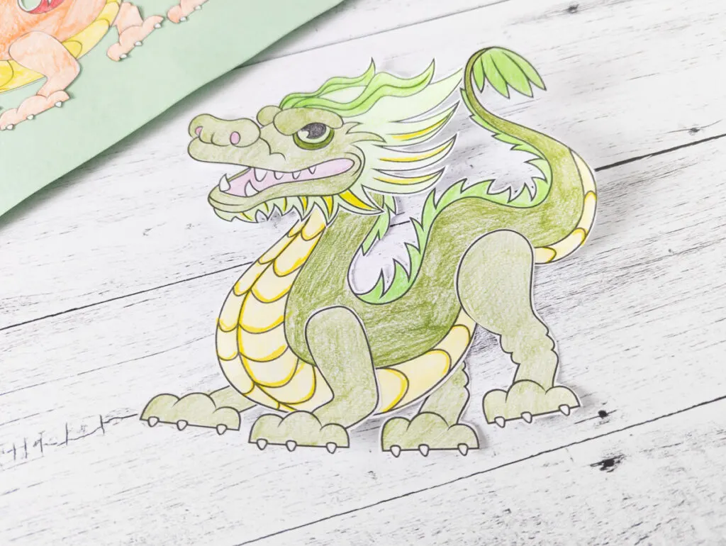 Close up view of green colored paper dragon.