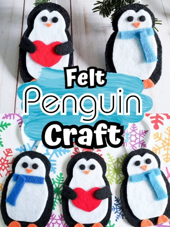 Several finished felt penguin crafts with scarves and hearts. Middle of image says Felt Penguin Craft with a blue brush stroke background.