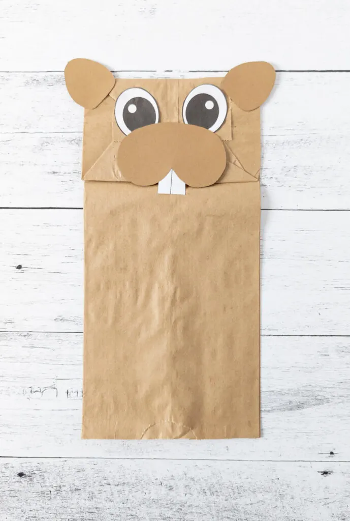 Paper bag with ears, eyes, muzzle, and teeth glued on to make a groundhog.