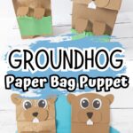 Finished groundhog puppet crafts made with paper bags and looking like they are peeking out of the grass.