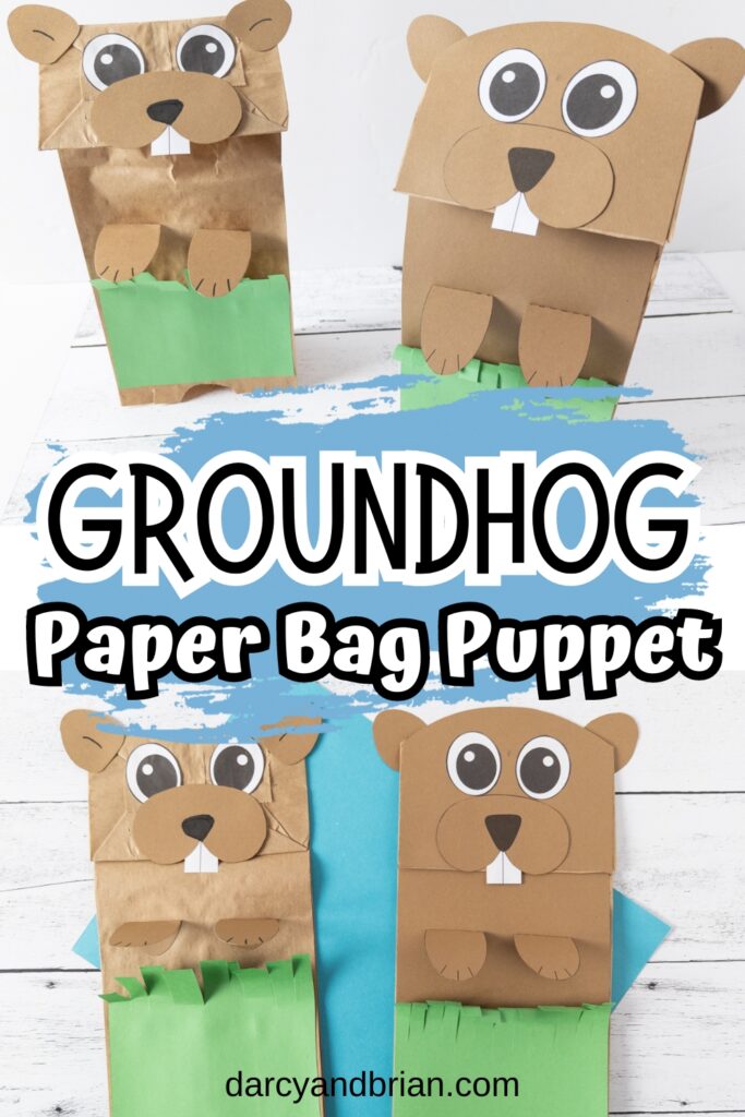 Finished groundhog puppet crafts made with paper bags and looking like they are peeking out of the grass.