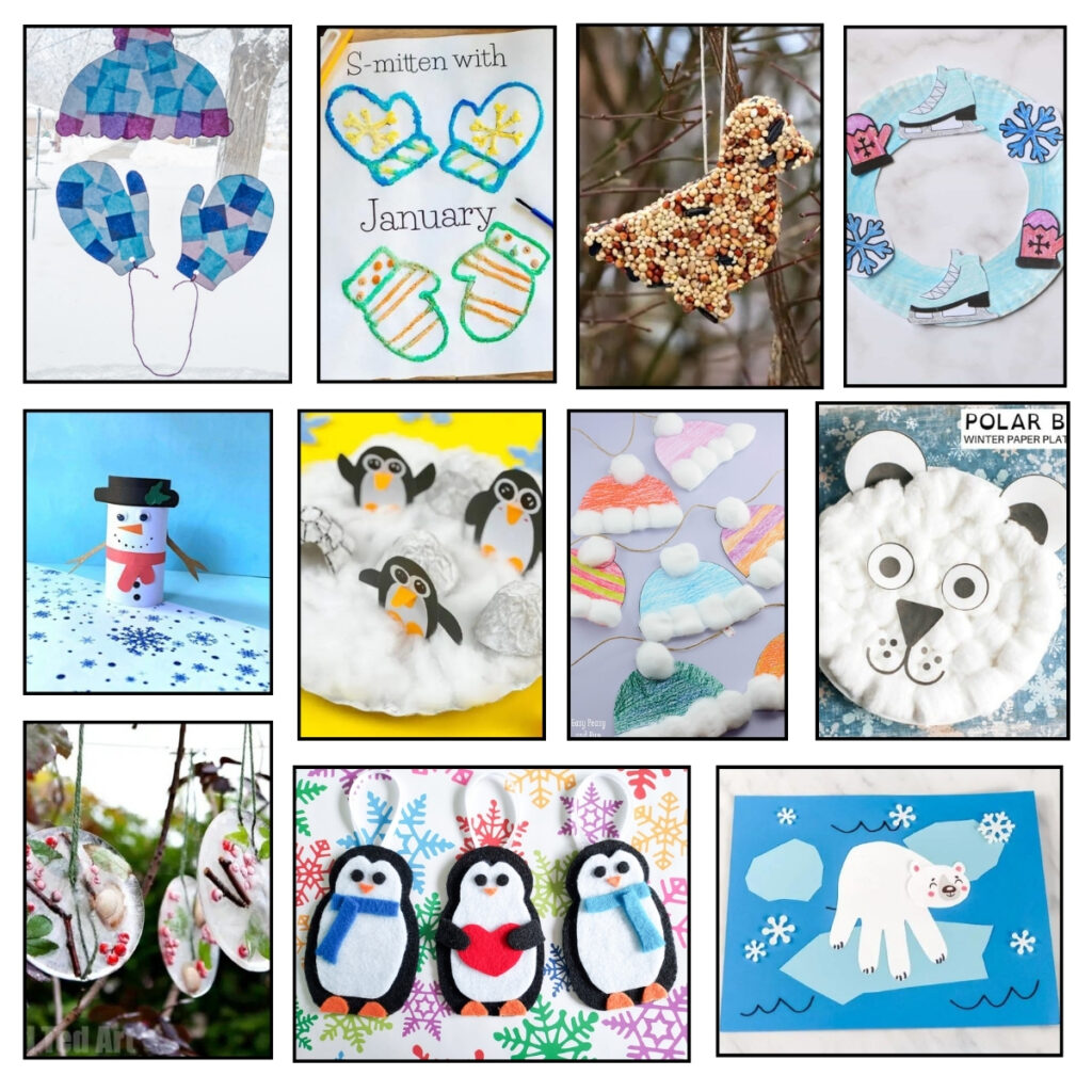Square collage of 11 January crafts that preschool children can make.