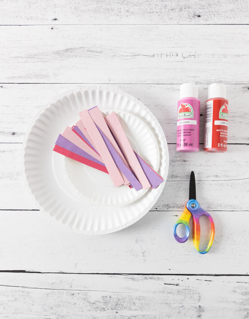 Paper plates, strips of construction paper in assorted Valentines colors, scissors, pink paint, and red paint.