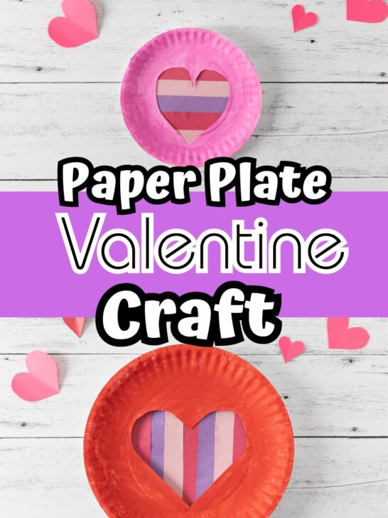 Top photo is a small paper plate craft and the bottom is a large paper plate craft. Both are painted with a heart cut out and construction paper stripes through it.