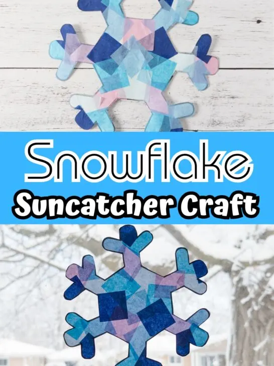 Completed tissue paper snowflake suncatcher laying on table and in a window during winter.