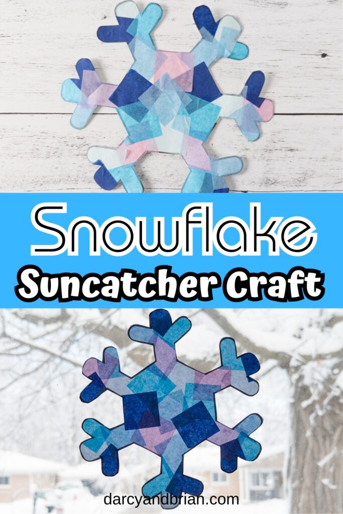Completed tissue paper snowflake suncatcher laying on table and in a window during winter.
