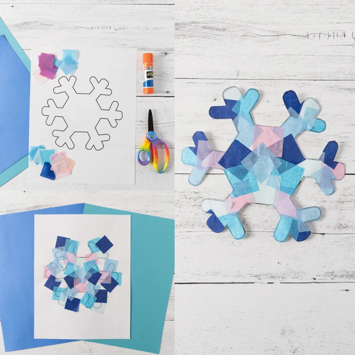 Collage of tissue paper snowflake suncatcher craft tutorial steps.